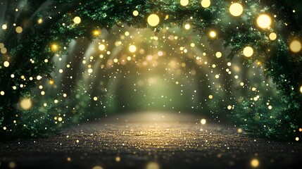 Naklejka premium Magical Green Forest, Golden Lights Sparkle, Enchanting Tunnel of Wonder. ✨