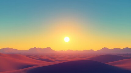 Fototapeta premium A stunning sunrise over a vast desert landscape, with sand dunes and a clear blue sky