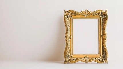 A decorative gold picture frame standing alone against a plain white background, featuring a vintage style with floral accents, ideal for showcasing portraits or art pieces