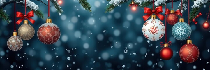 Fototapeta premium A festive display of colorful hanging Christmas icons and New Year greetings, winter, ornaments, New Year