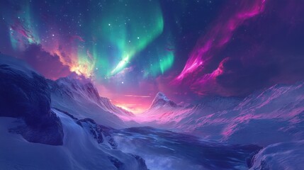 Fototapeta premium A stunning view of the Northern Lights dancing across the night sky over a snowy landscape.