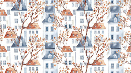 Obraz premium Seamless watercolor pattern of old European town street facades adorned with dry vines and berries perfect for travel themed designs
