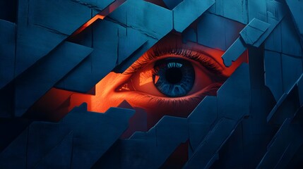 A piercing blue eye gazes out from behind fractured, dark blue geometric panels, illuminated by warm inner light.  Intriguing!