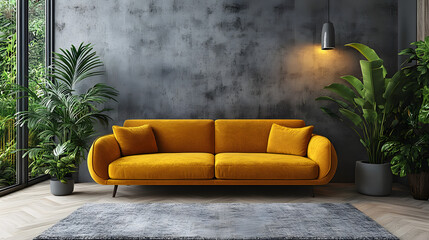 Fototapeta premium Modern Elegance: Yellow Sofa in a Contemporary Greenery-Filled Living Space