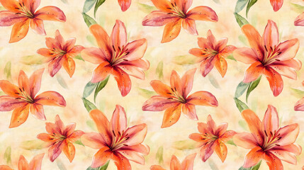 Fototapeta premium Seamless watercolor pattern featuring vibrant lilies on a soft background perfect for fabric design and home decor