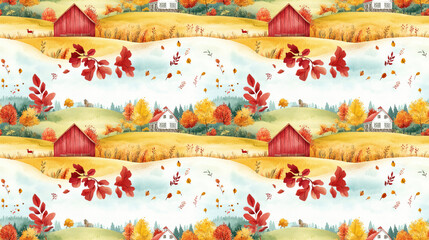 Obraz premium Watercolor cartoon seamless pattern featuring farm scenes and harvest elements perfect for children s products and creative projects