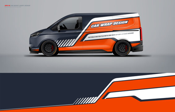 Sporty van wrap livery design for universal medium, Abstract racing graphics with orange color and black background. van vector eps10 ready print printable file