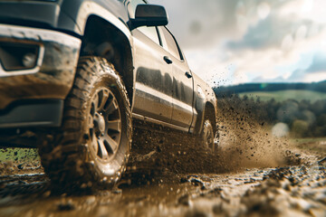 A black pickup truck driving down a dirt road.