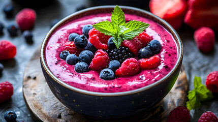 A vibrant berry smoothie bowl topped with strawberries, blueberries, raspberries, and a sprig of mint, creating a fresh and healthy breakfast option