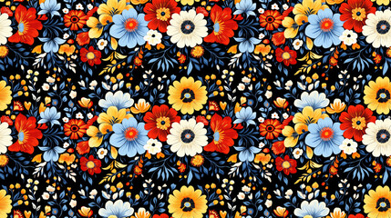 Abstract ornate bohemian pattern featuring colorful folk inspired flowers perfect for fabric or wallpaper design