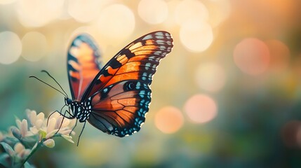 Naklejka premium Vibrant butterfly wings, delicately perched on a flower, bathed in warm sunlight; nature's gentle beauty unfolds.