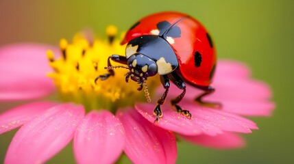 Naklejka premium Vibrant ladybug perched on a delicate pink cosmos flower, a breathtaking close-up showcasing nature's beauty.