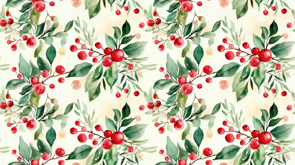 Seamless watercolor pattern of delicate Christmas plants in soft hues perfect for designing postcards invitations and greeting cards