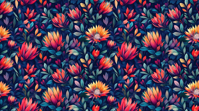 Watercolor protea seamless pattern vibrant floral design ideal for fabric and wallpaper applications