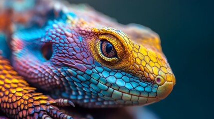 Fototapeta premium Close-up of a vibrant lizard, showcasing its intricate scales and mesmerizing eye. A spectacle of nature's artistry!