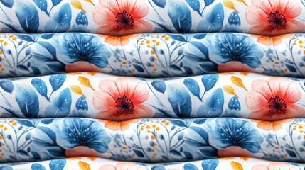 Gentle botanical cotton print featuring folk embroidery and soft watercolor batik patterns for seamless textile design