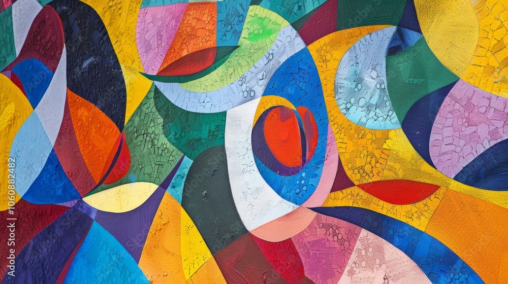 Poster from this angle the bright colors and dynamic shapes of a large mural fill the frame inviting viewer