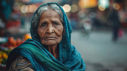 A woman wearing a blue scarf and a nose ring is sitting on the sidewalk
