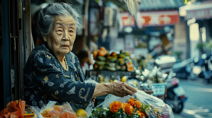 Naklejka premium A woman in a black jacket is selling flowers and fruit at a market
