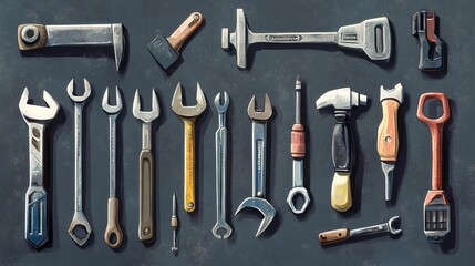 Fototapeta premium Variety of Tools Organized in a Tool Strip – Essential Collection for DIY and Construction Projects