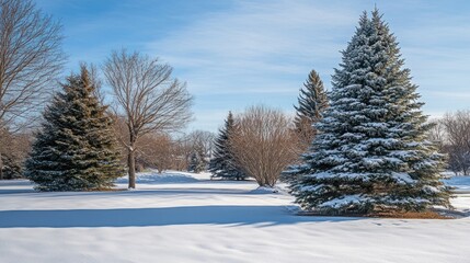 Fototapeta premium A snowy winter scene with tall evergreen trees and a blue sky.