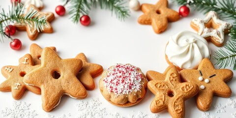 Assortment of various gingerbread men in front of a white background, snack, confectionery, bakery
