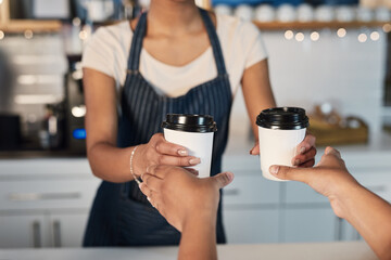 Barista, hands and customer with coffee order in cafe for takeaway, retail sale and hospitality service. Small business, waitress and serving latte beverage by counter in bistro for caffeine drink