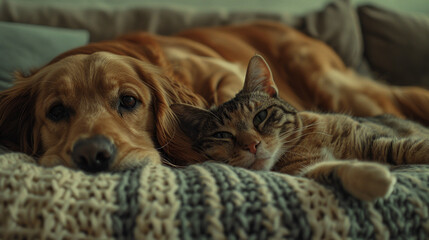 A dog and a cat are laying on a bed together