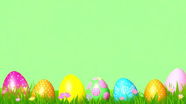 Easter eggs in fresh green grass on green screen. Happy Easter Animated Greeting Card Frame Template. Bunnies, decorated and painted eggs. Flat style design in creative pastel colors. on Green screen