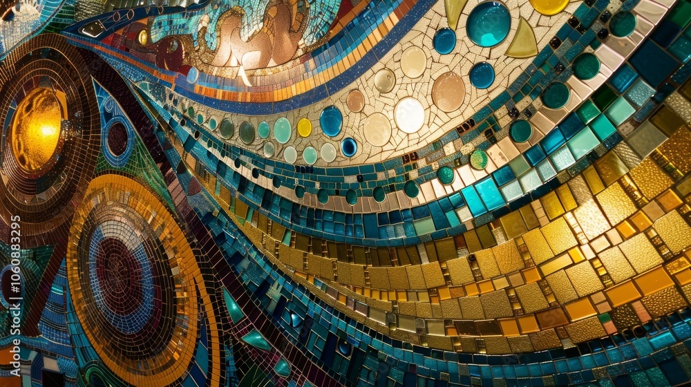 Poster the intricate patterns and shapes of a mosaic installation are illuminated in this closeup showcasin