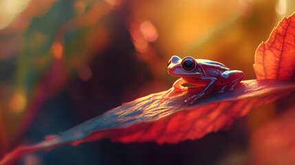 Obraz premium Radiant sunset hues paint a tiny frog perched serenely on an autumn leaf, a breathtaking microcosm of nature's beauty.