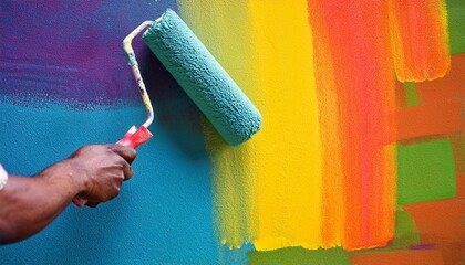 Close up of painter arm painting a wall in colorful with paint roller