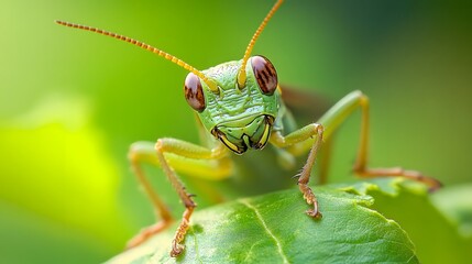 Macro marvel: A vibrant green grasshopper perches delicately on a lush green leaf, its intricate details sharply in focus.  Nature's artistry unveiled!
