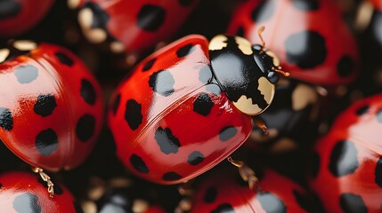 A mesmerizing macro shot reveals the intricate details of ladybugs, their shiny red shells adorned with black spots, creating a vibrant and captivating scene.