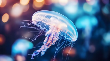 Mesmerizing jellyfish drifts in a vibrant, blurred underwater world.  Its translucent bell pulsates with ethereal light.