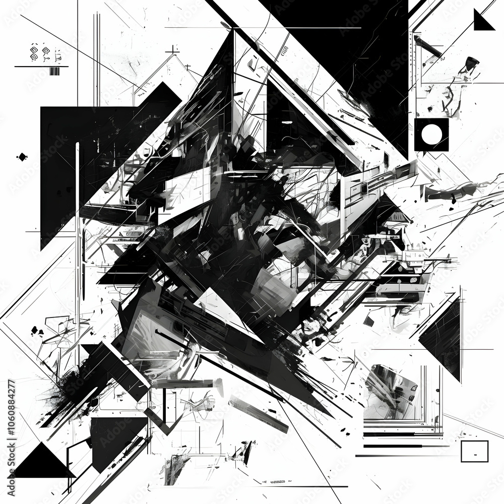 Poster abstract black and white geometric composition with dynamic shapes and lines.