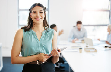 Confidence, meeting and portrait of woman with tablet for schedule, report or research for business...