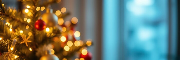 Obraz premium Christmas tree adorned with twinkling lights and golden ornaments against a blurred background of warm gold lights, glowing, light, seasonal