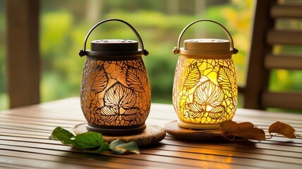 Beautiful decorative lanterns with intricate designs, creating a warm ambiance on a wooden table surrounded by nature.