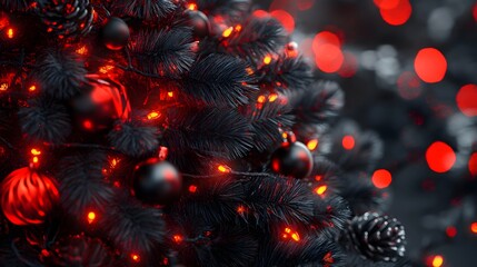 Glowing red lights illuminate a black Christmas tree, adorned with dark ornaments and pine cones. A festive, yet mysterious ambiance.