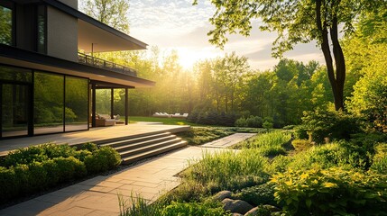 Fototapeta premium A contemporary luxury home set against a backdrop of a summer garden, with pristine landscaping and sunlight enhancing the natural beauty