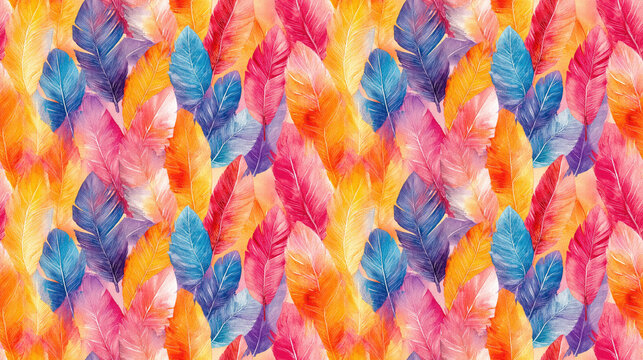Colorful bird feather seamless pattern featuring intricate watercolor designs ideal for textile prints and nature themed decor