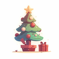 A colorful, cartoon-style Christmas tree with ornaments and a gift beside it.