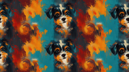 Seamless digital oil painting pattern featuring an adorable dog vibrant colors perfect for home decor and pet related designs