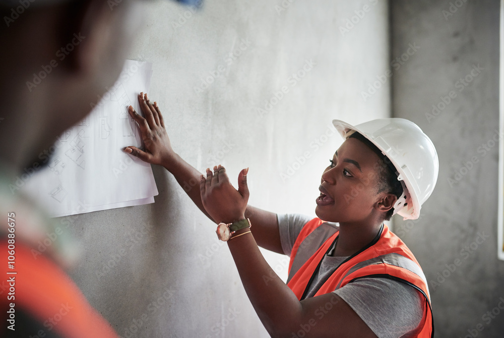 Poster black woman, blueprint and talking with floor plan, architecture and property management with buildi