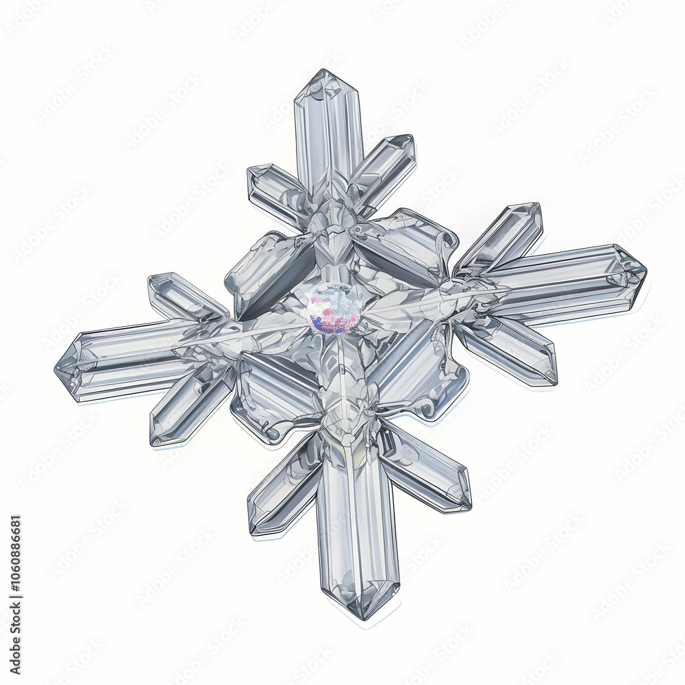 Poster a decorative crystal snowflake with intricate facets and a central gem-like feature.