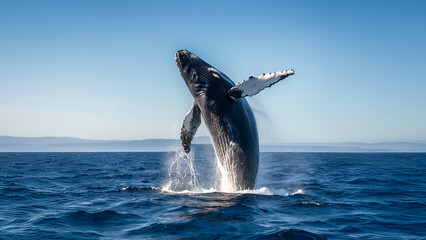 Naklejka premium Whales jump above the water in the middle of the sea