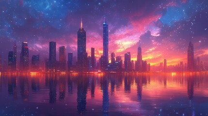 futuristic science fiction cityscape adorned with sleek skyscrapers and advanced technologies illuminated by colorful neon lights against a starry night sky