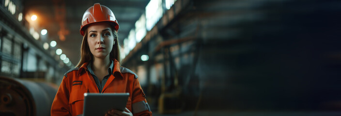 Professional Heavy Industry Engineer/Worker Wearing Safety Uniform and Hard Hat Uses Tablet Computer. Serious Successful Female Industrial Specialist Walking in a Metal Manufacture Warehouse.