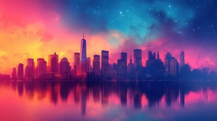 futuristic science fiction cityscape adorned with sleek skyscrapers and advanced technologies illuminated by colorful neon lights against a starry night sky